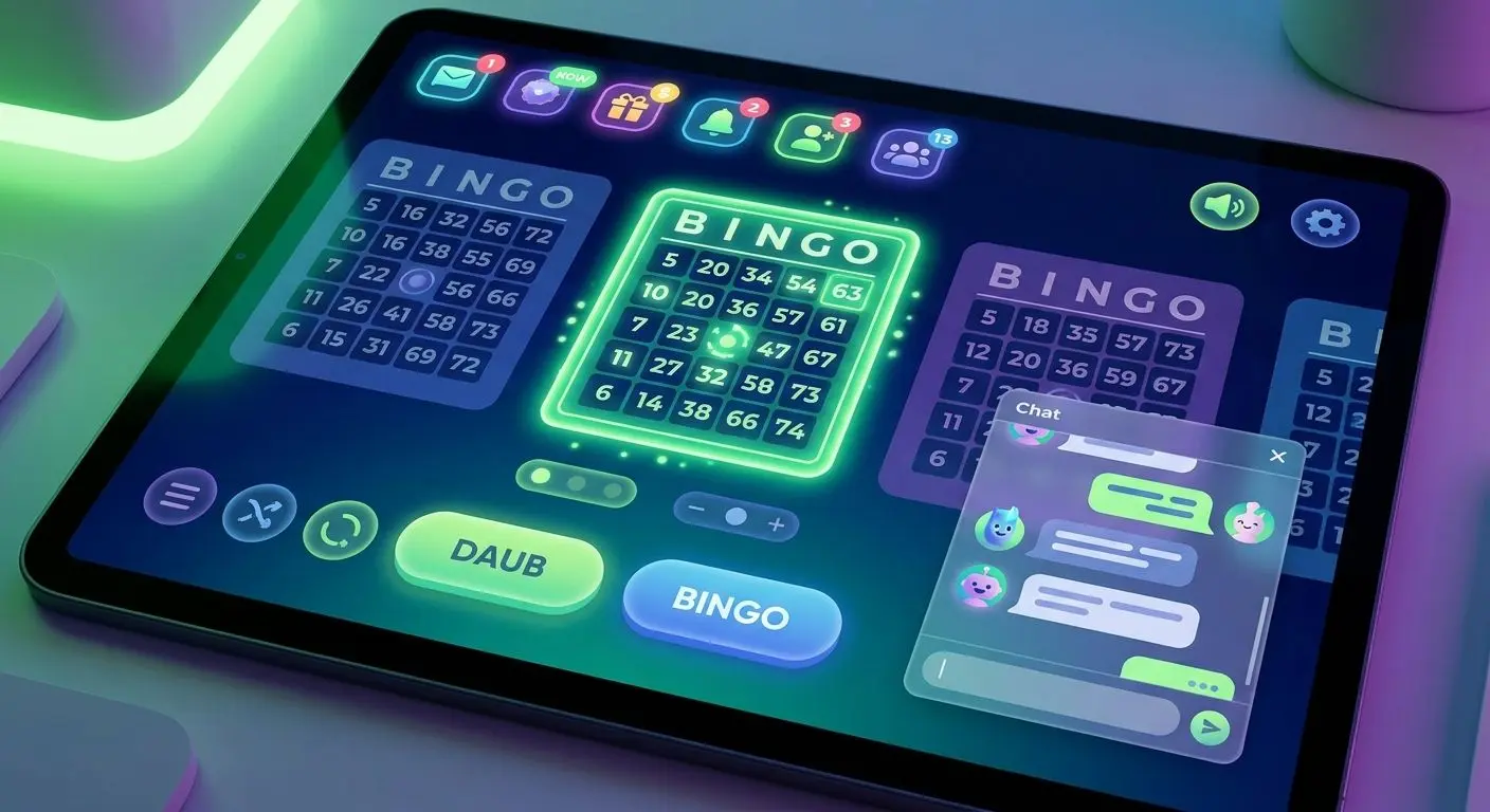 Online bingo interface showing tickets, chat and key game features