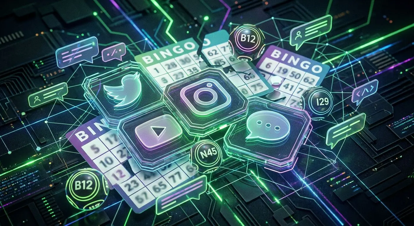 Social media themed bingo collage with cards, balls and chat icons