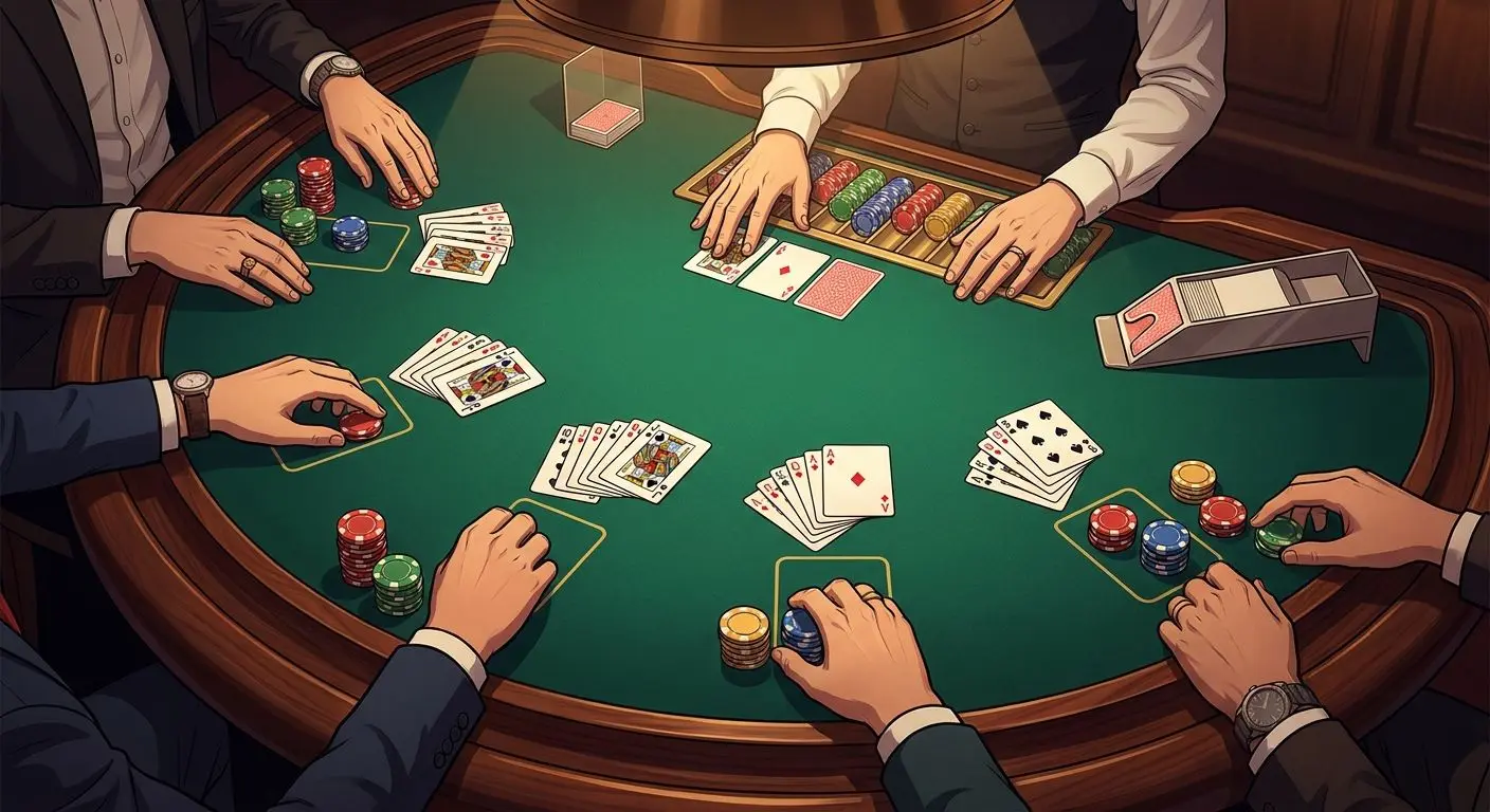 Blackjack table showing multiple hands and chips