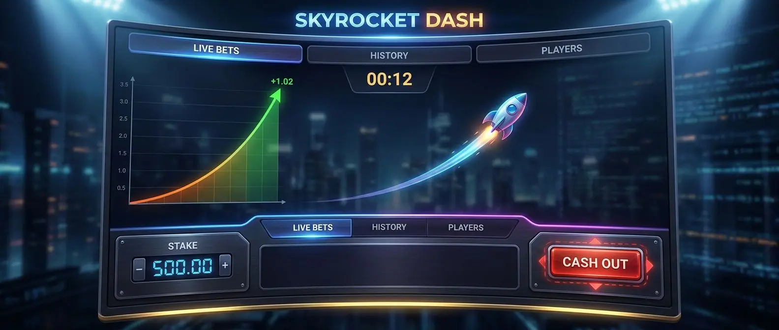 Crash game interface with rising multiplier and cash out button