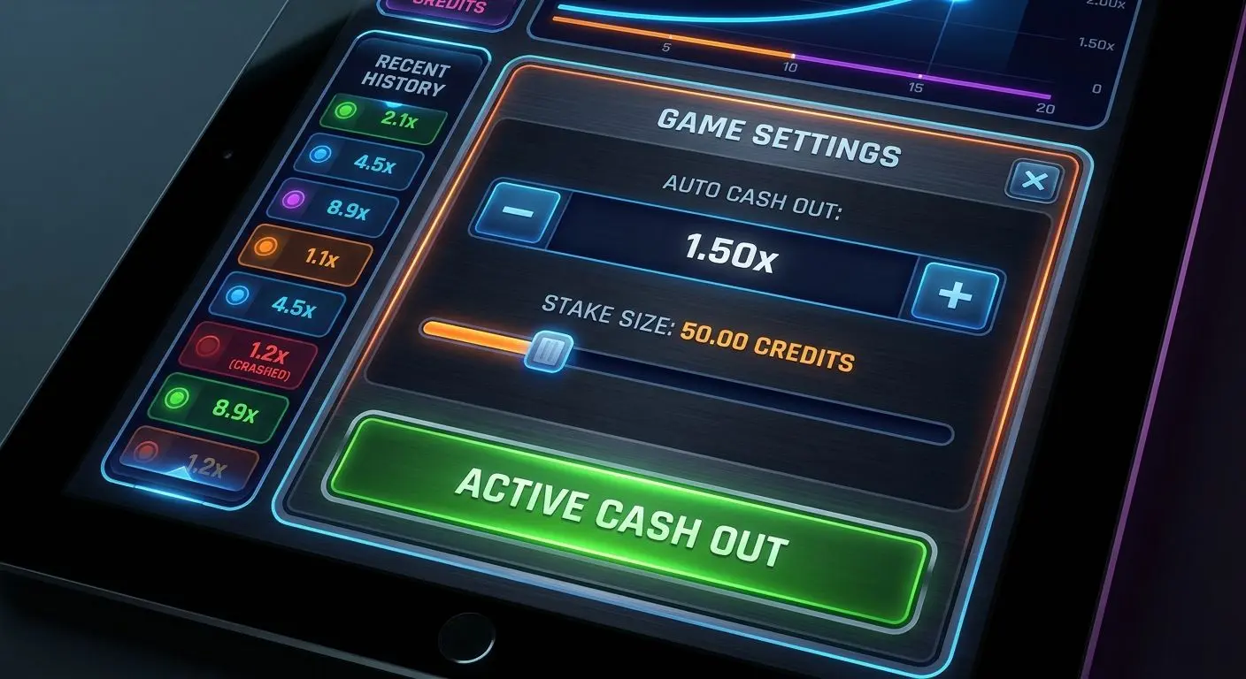Crash game settings with auto cash out and stake controls