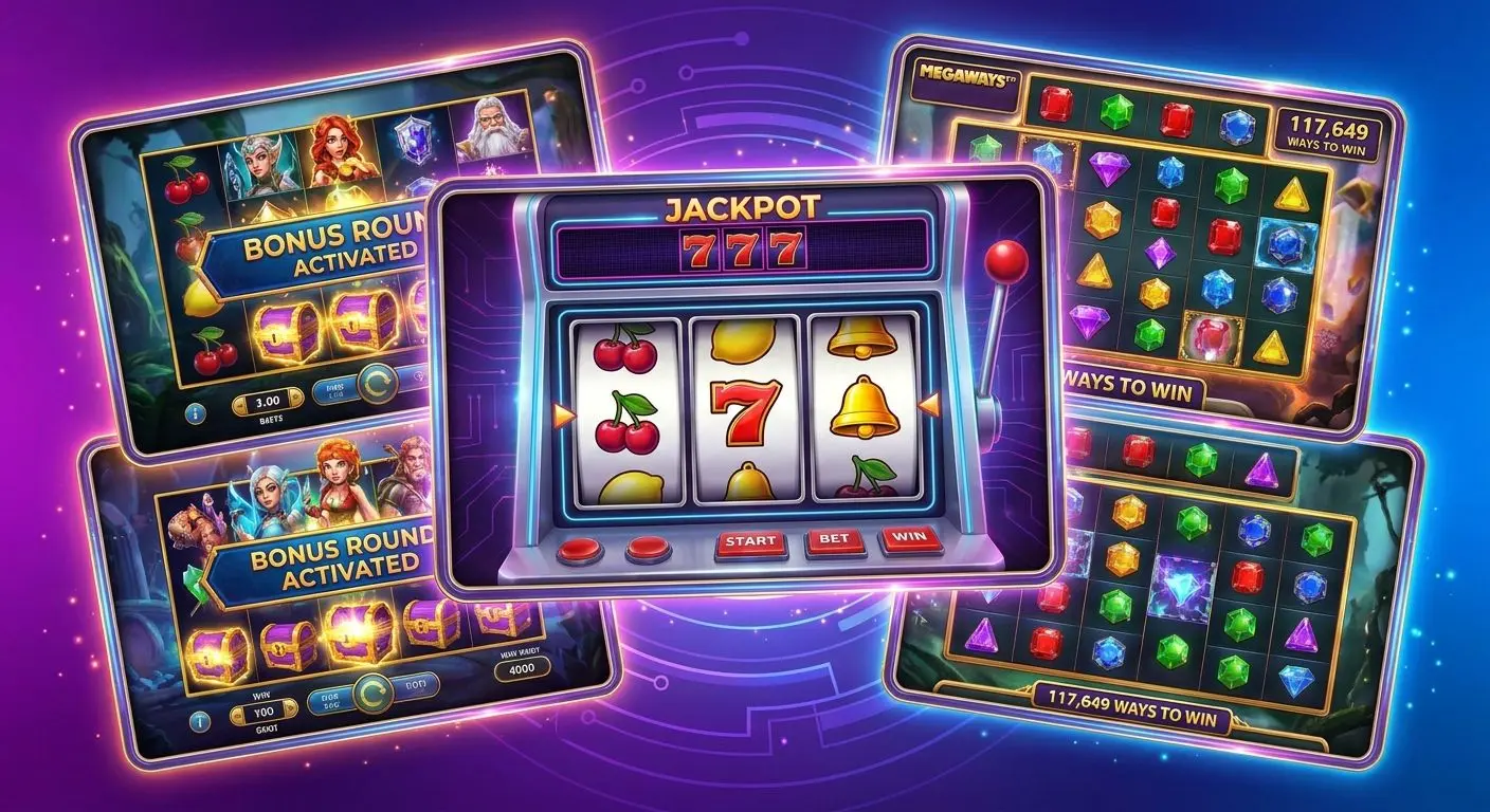 Collage of classic, video and Megaways-style slot games for free spins