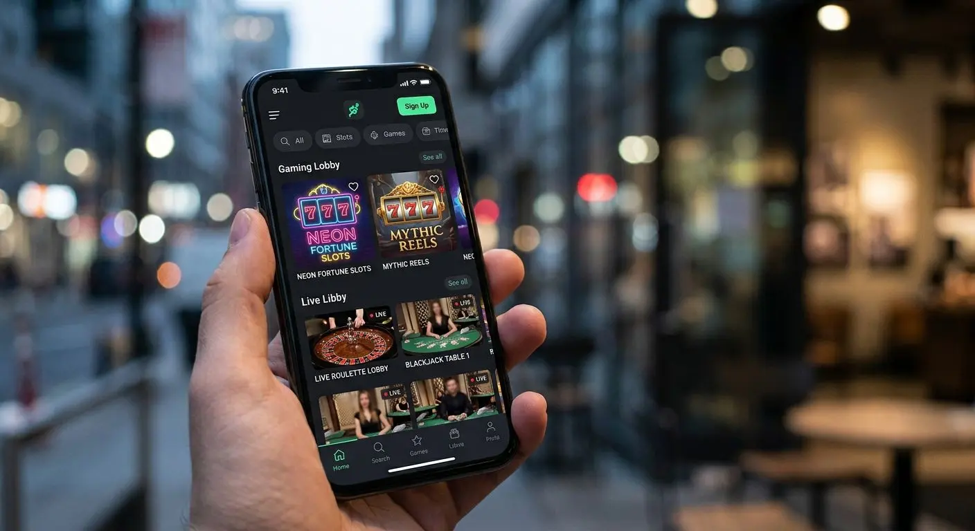 Smartphone showing PlayOJO mobile game lobby with slots and live games