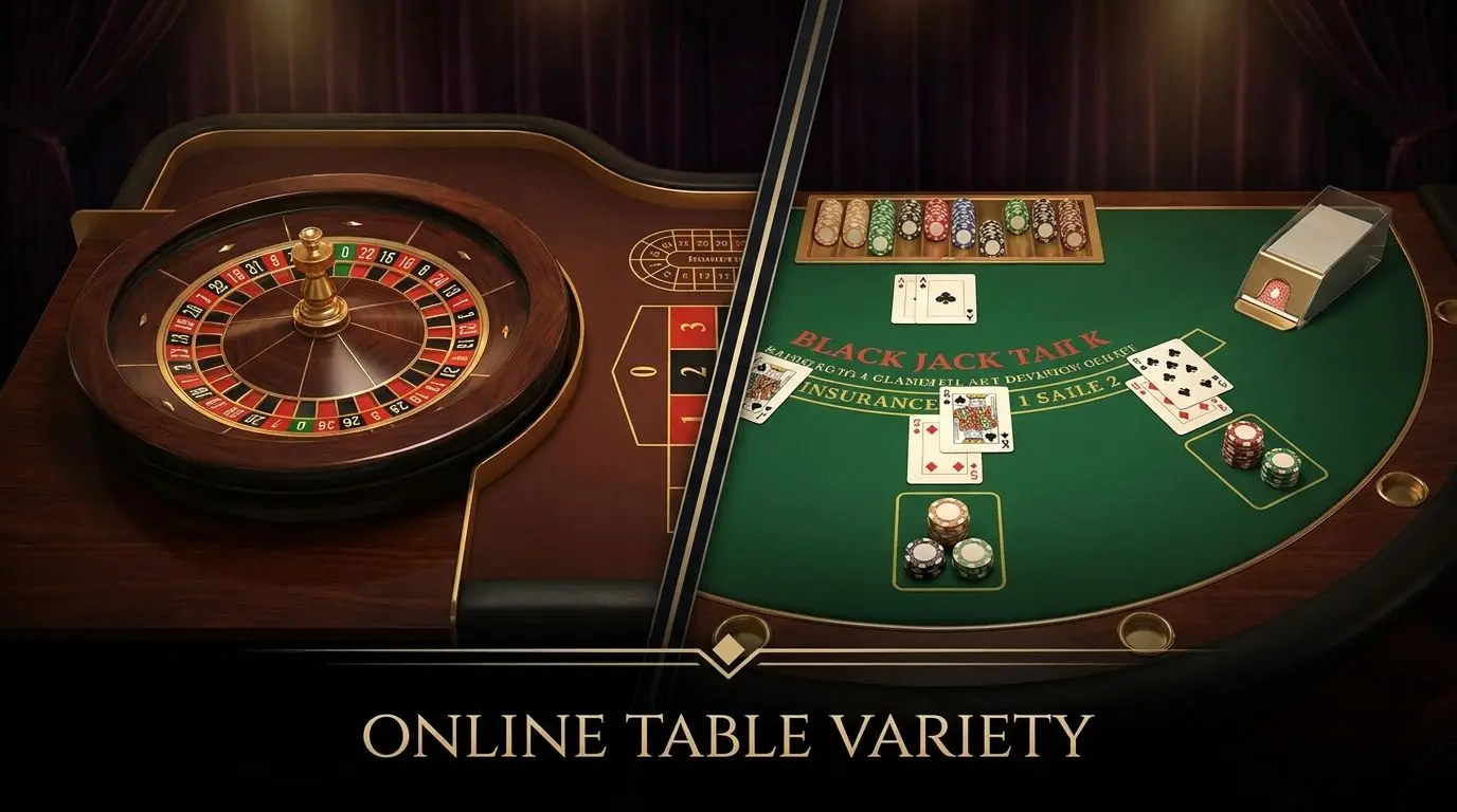 Split-screen roulette wheel and blackjack table illustration