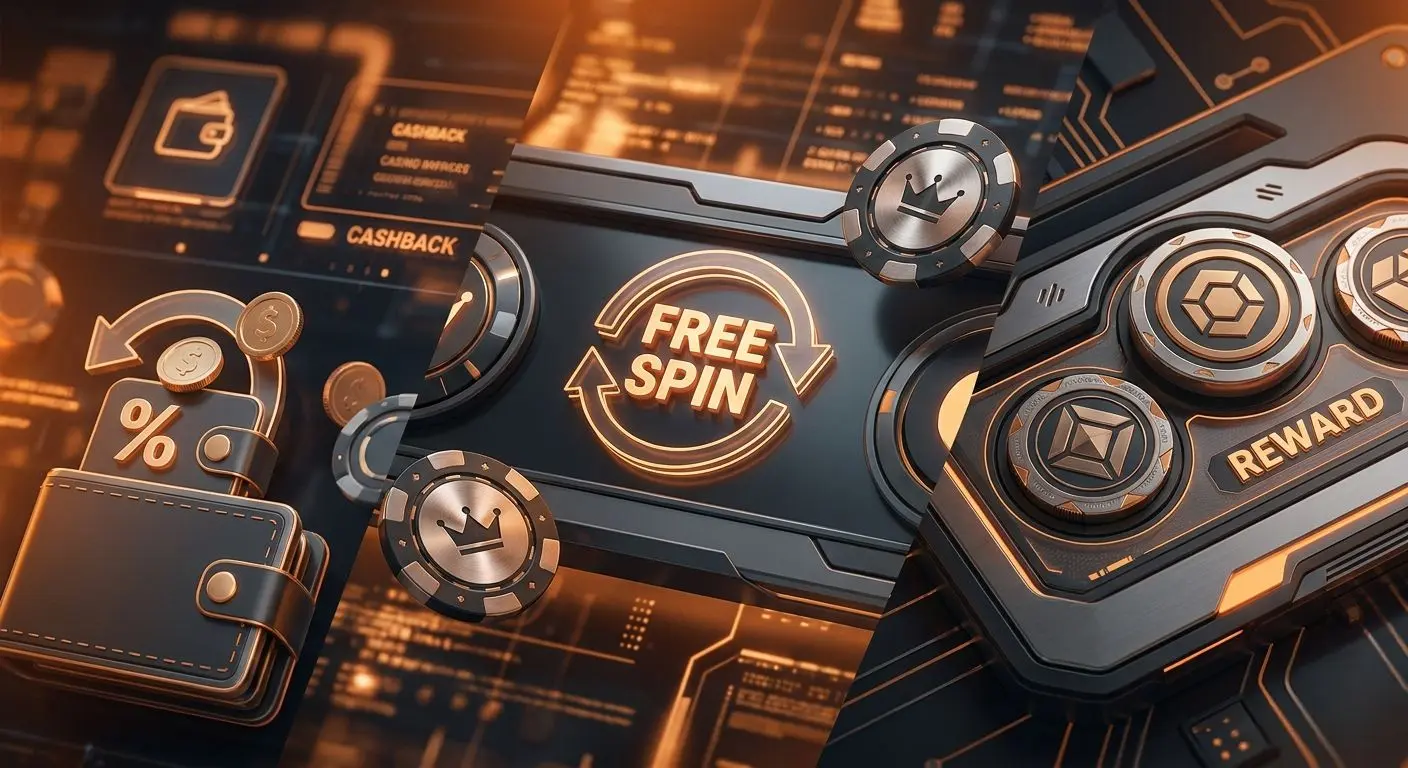 Collage showing free spins, cashback symbols and premium rewards for high rollers
