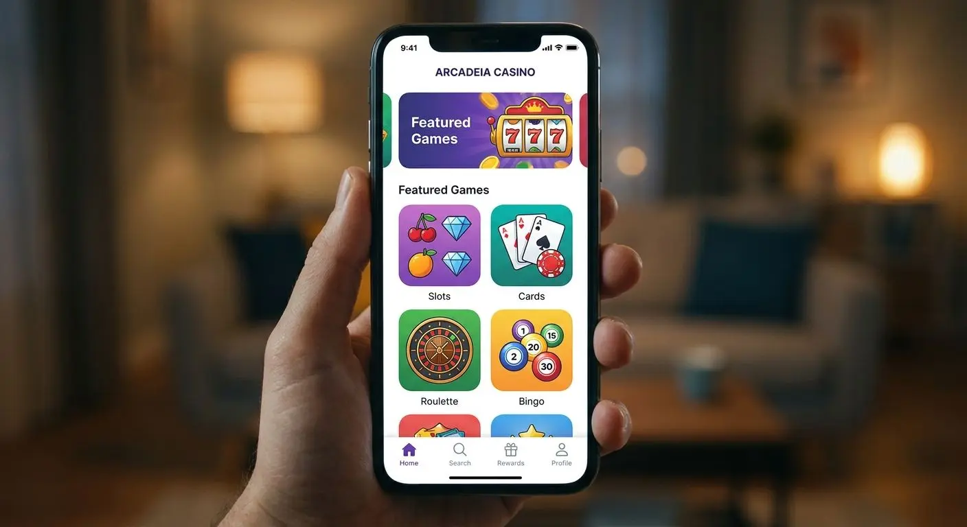 Mobile app lobby interface with categories for slots and table games