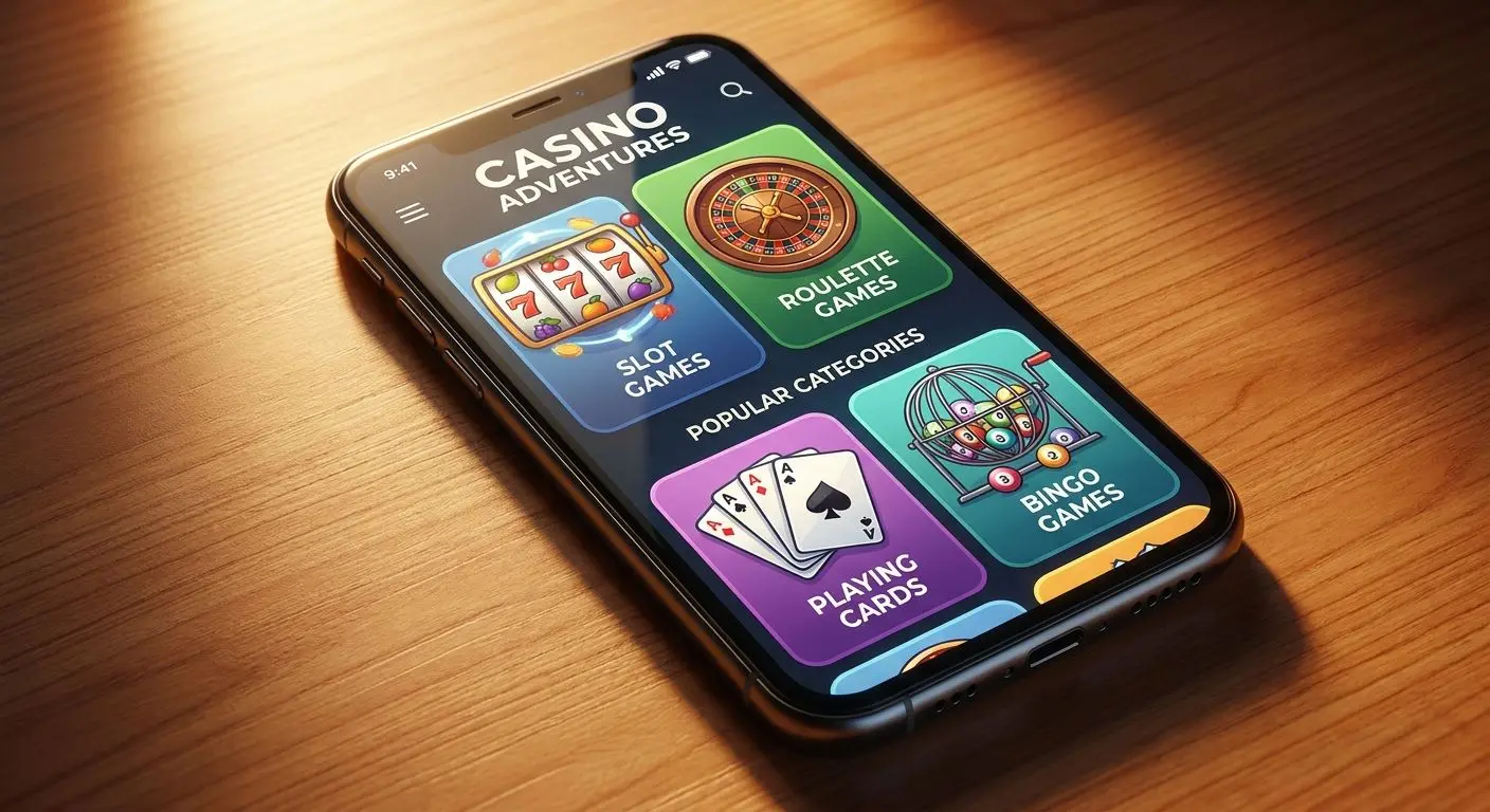 Smartphone showing multiple mobile game categories including reels, roulette and cards