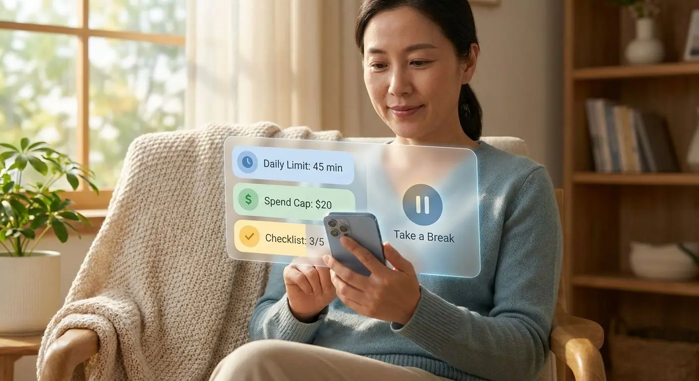Mobile play control tools with timer, limits and pause options