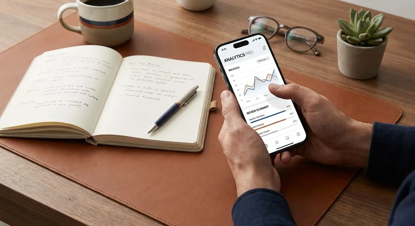 Expert review themed visual with smartphone and workspace setup