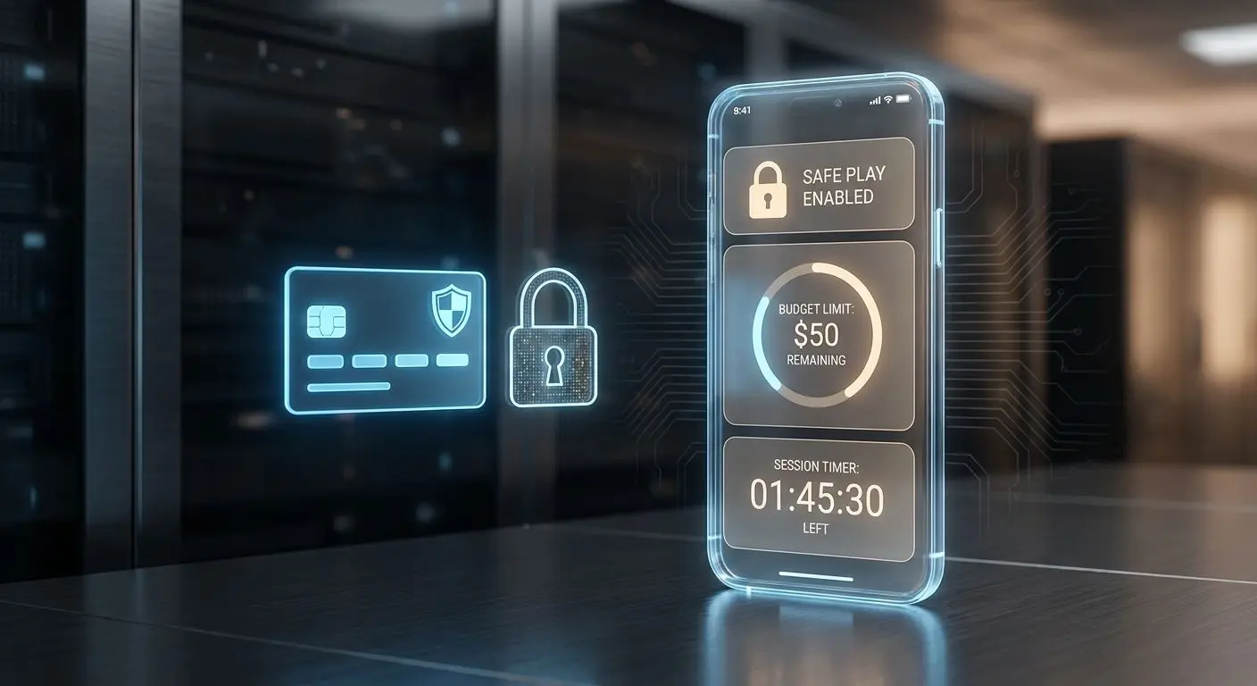 Secure payment and responsible play interface with card and lock symbols