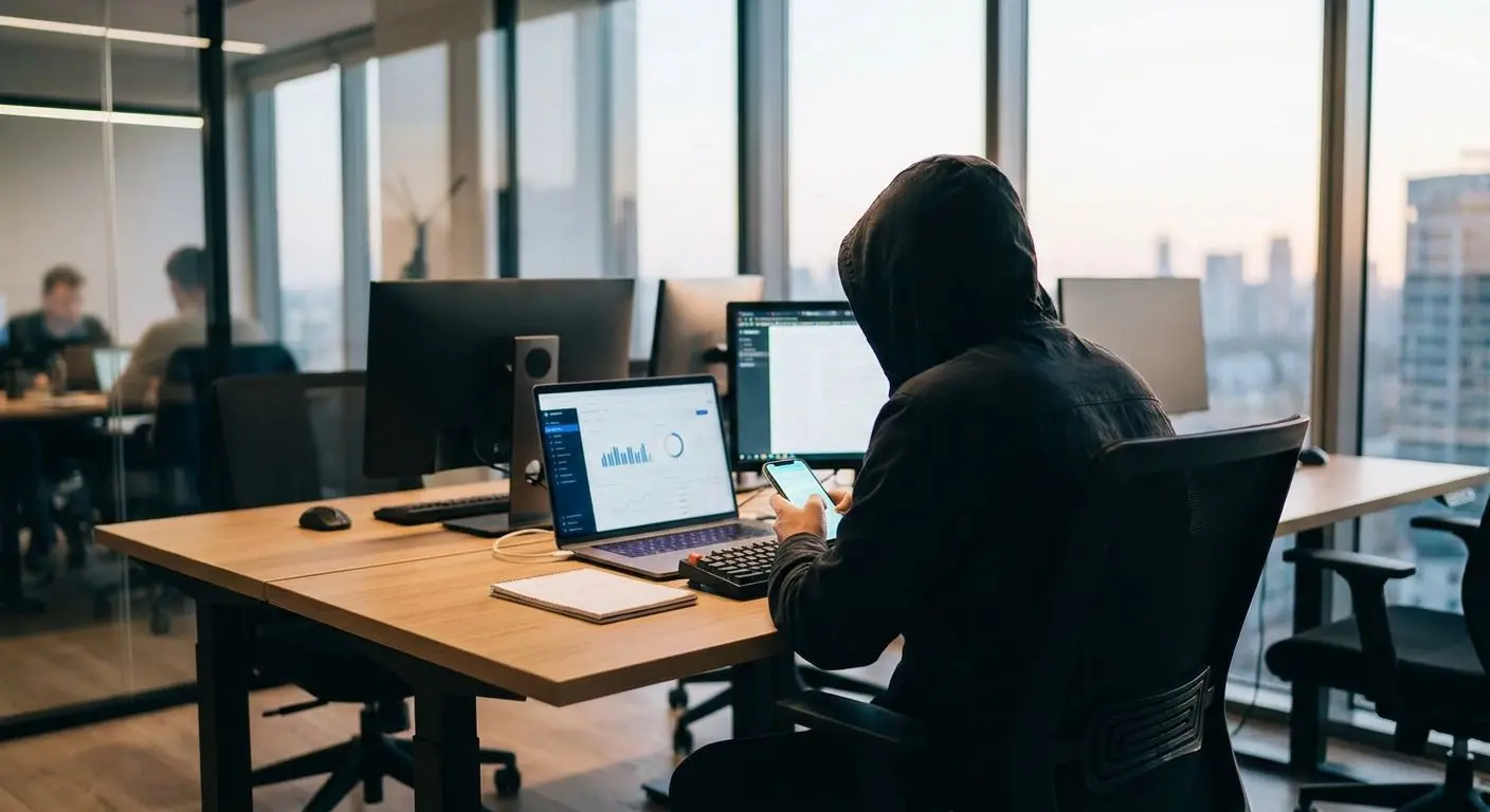 Anonymous expert using laptop and smartphone at a desk