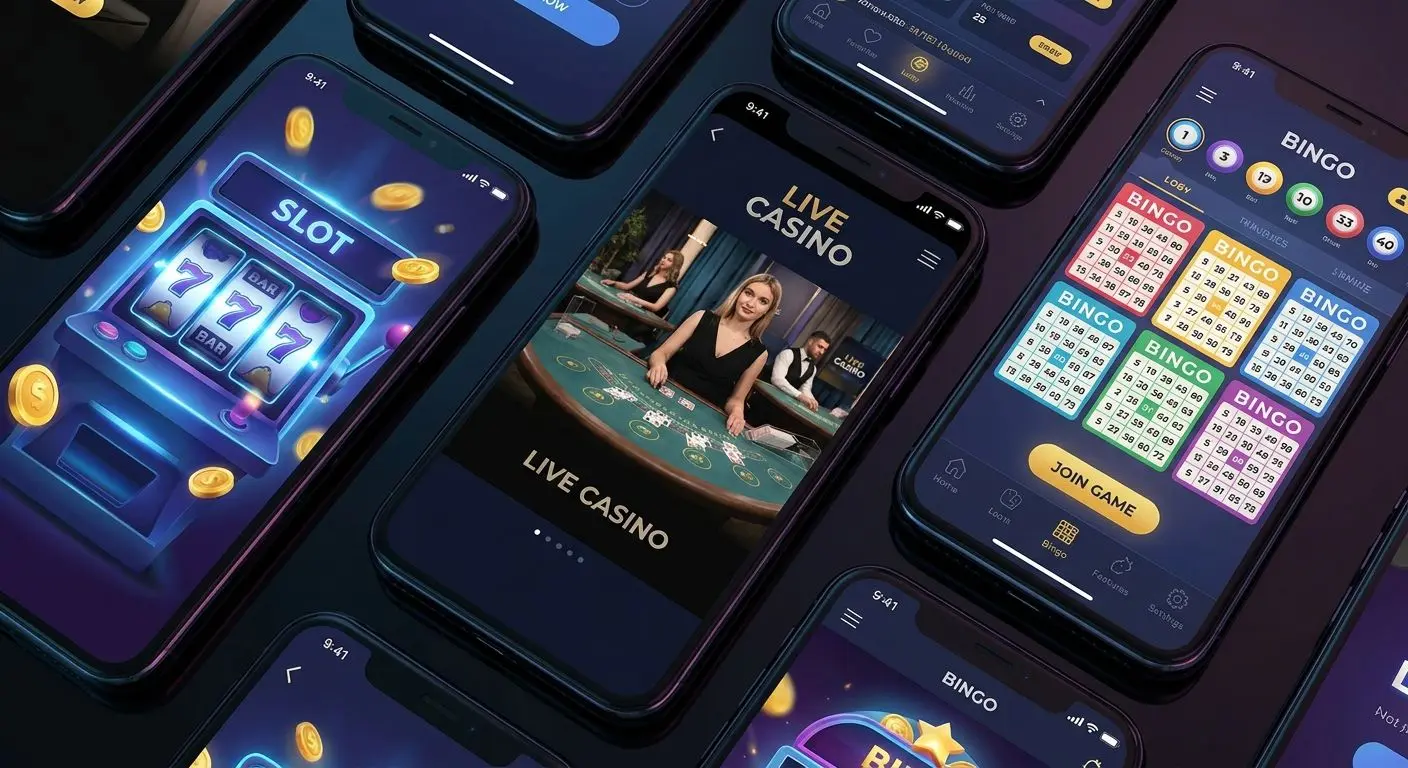Smartphone screens showing slots live tables and bingo on mobile