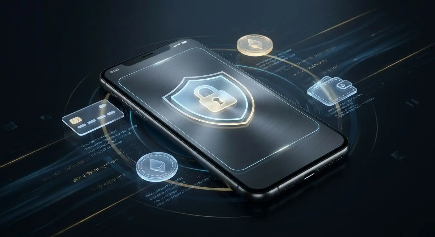 Smartphone with shield icon and mobile payment symbols