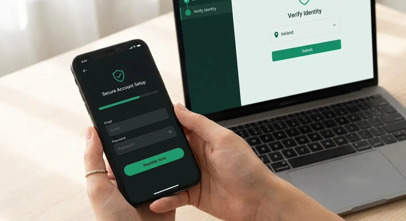 Registration and account setup interface for Irish players on mobile and desktop