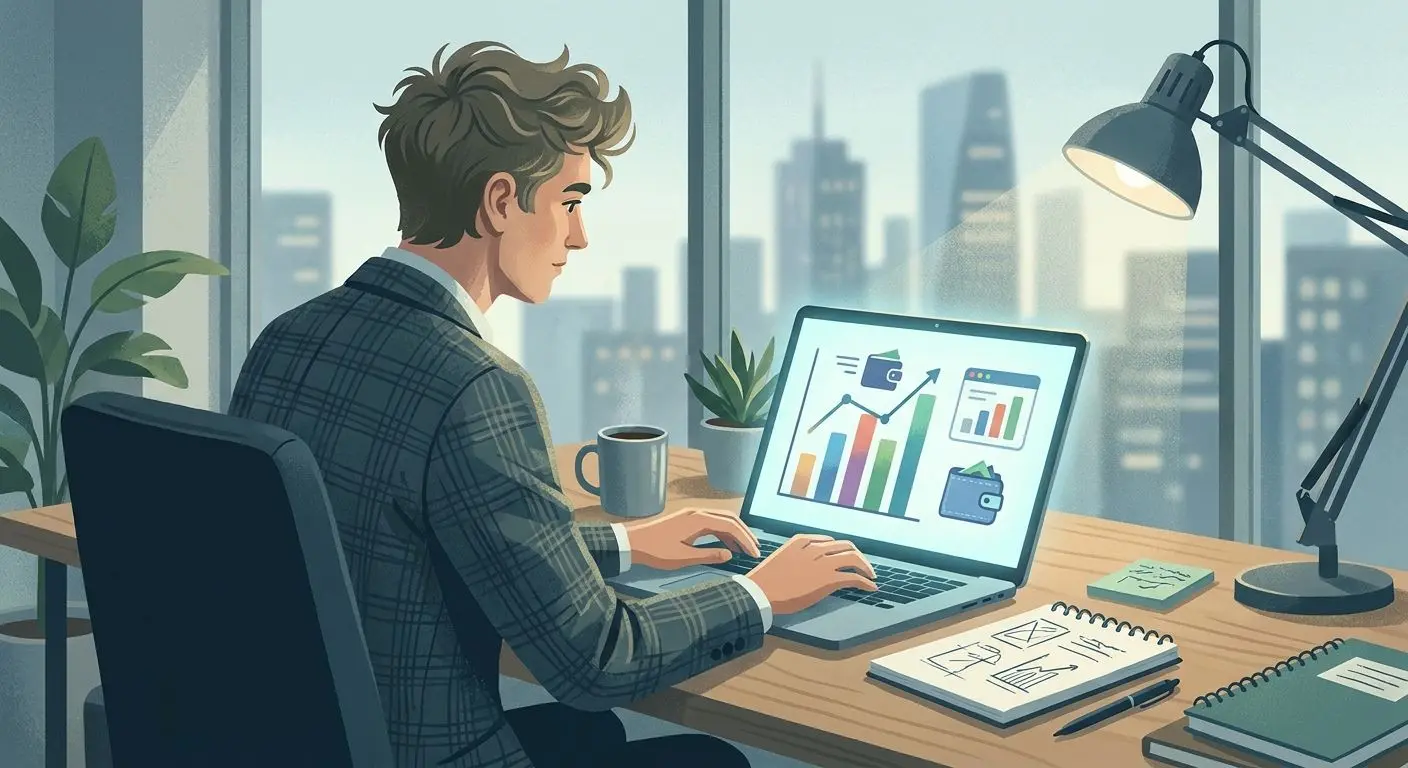 Illustration of a payments analyst reviewing online wallet data