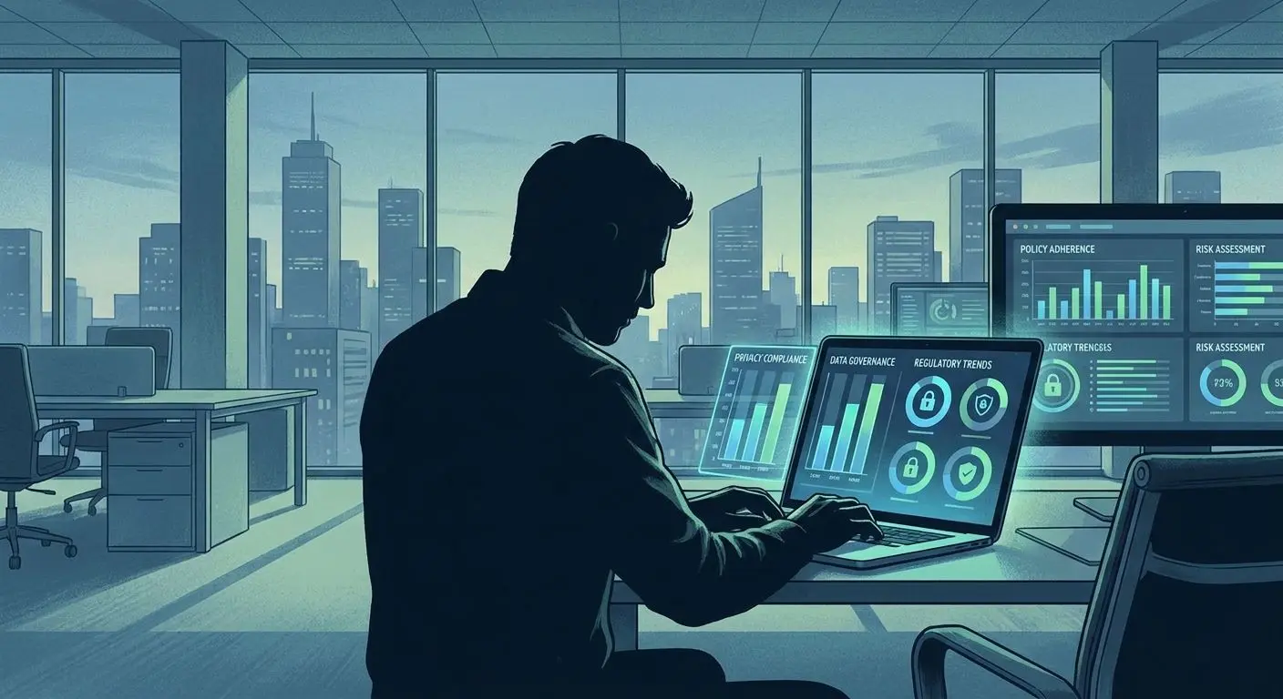 Fictional analyst reviewing privacy policy data on a laptop