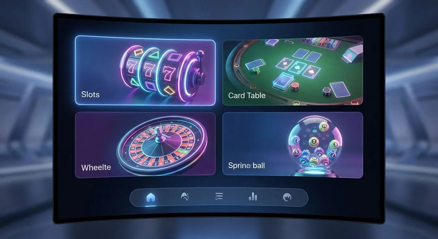 Online gaming category grid with slots, cards, wheel and bingo-style sections