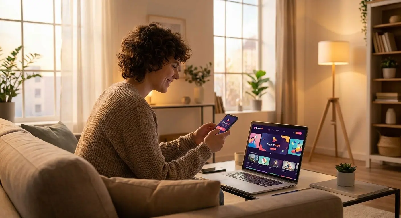 Fictional player using laptop and phone with online gaming interface