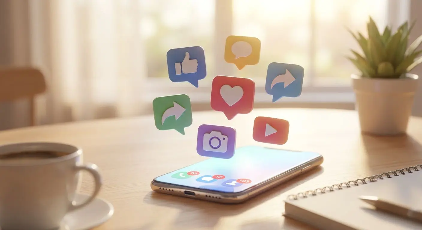Smartphone with social media icons and notifications
