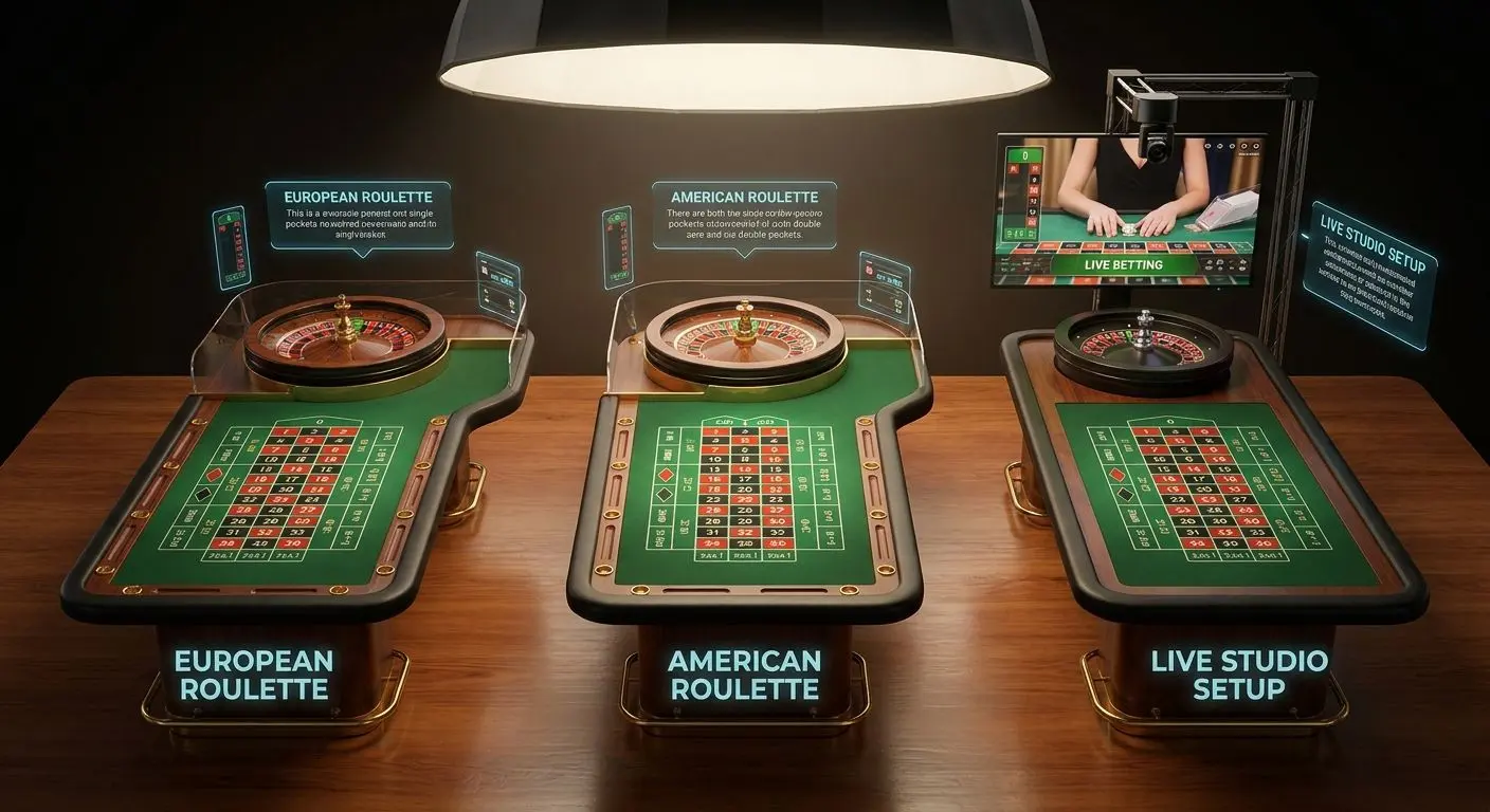 Different roulette table types including European American and live formats
