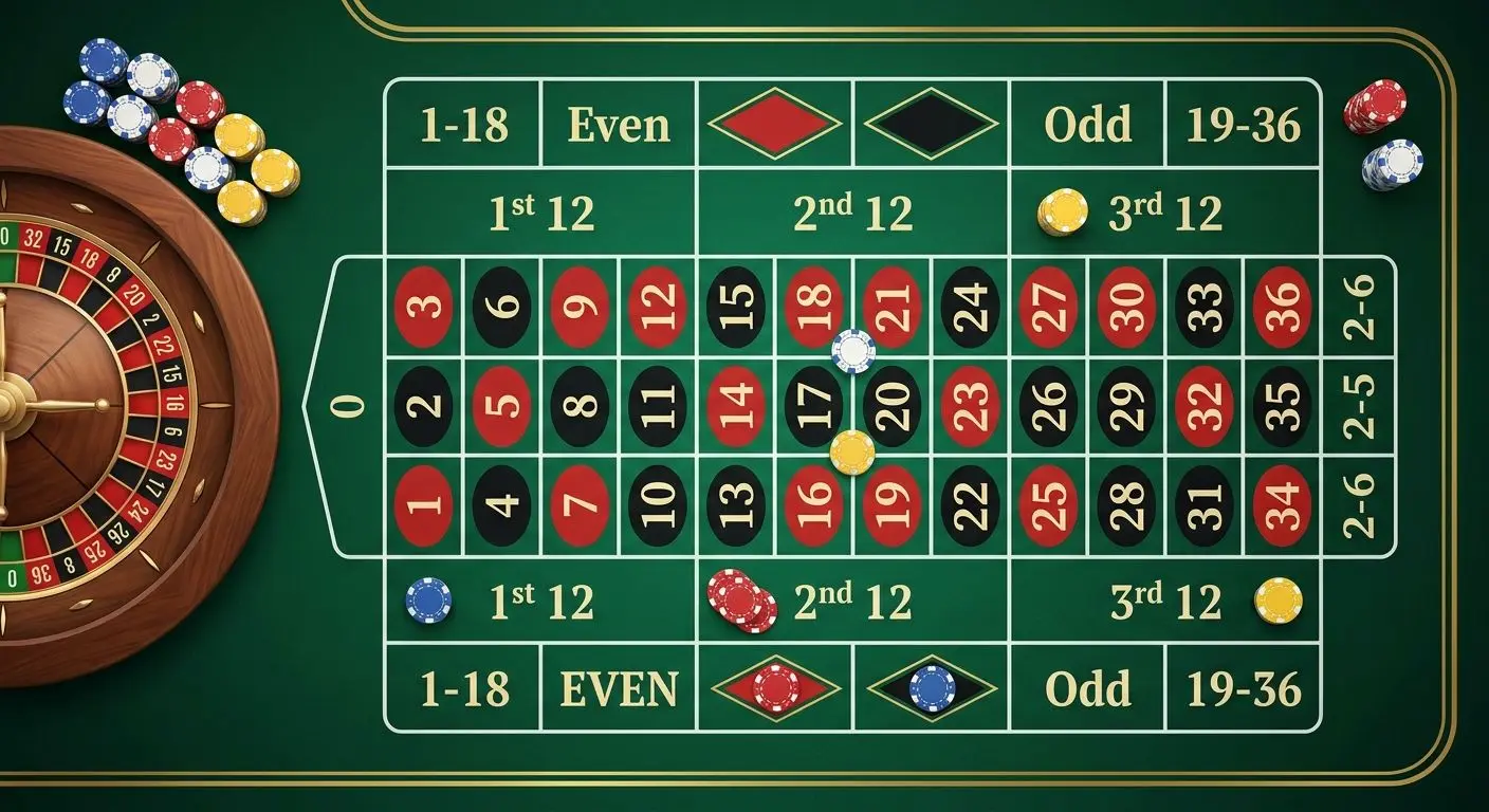 Roulette table layout with highlighted betting zones