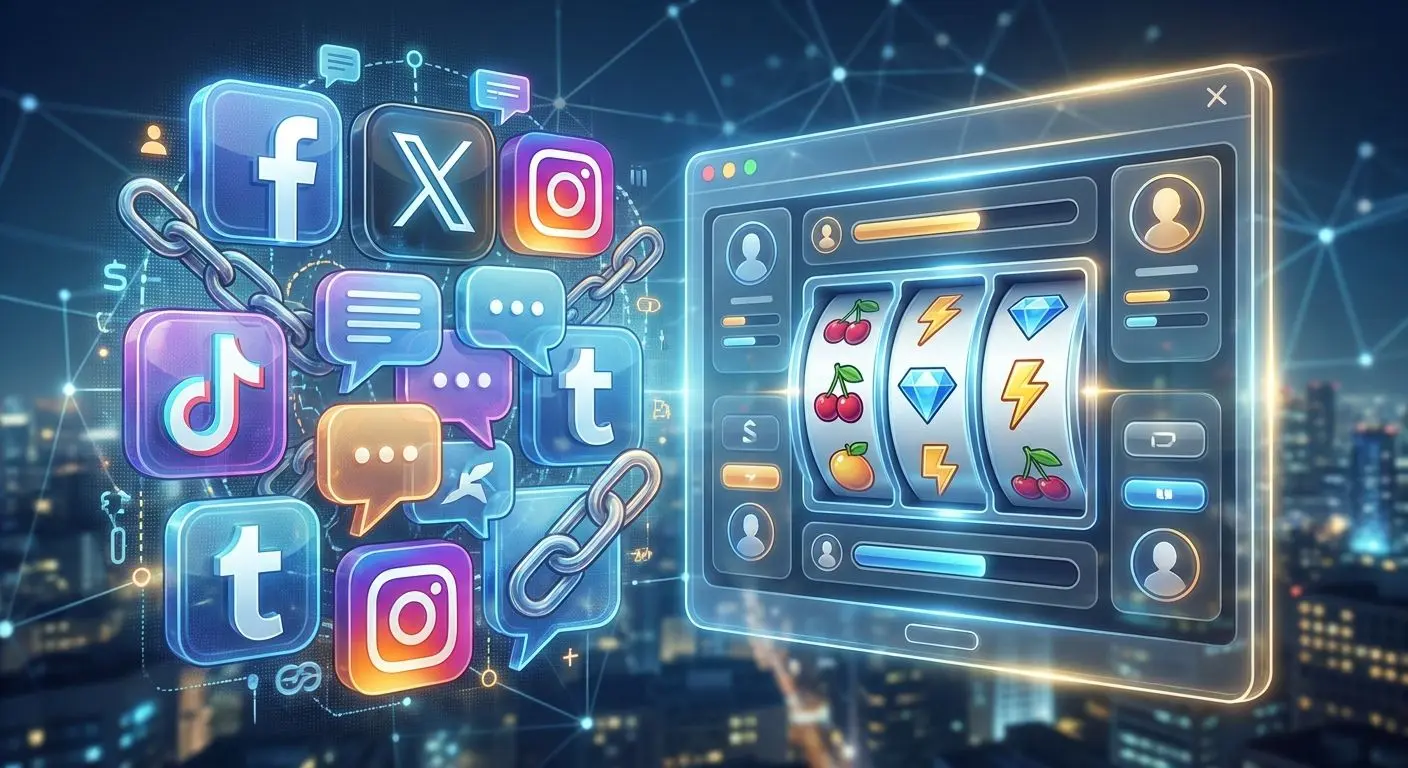 Social media icons next to a modern slot interface collage