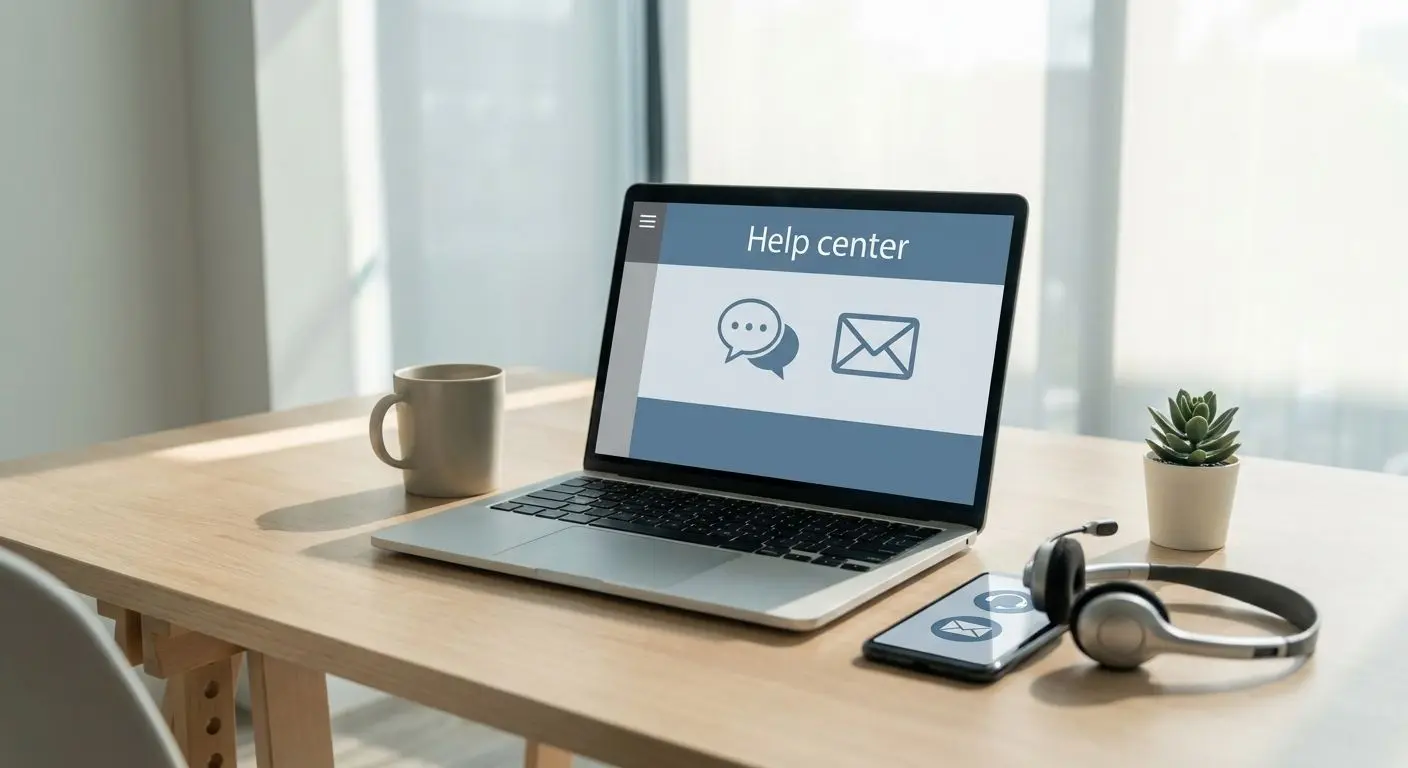 Online chat and email support interface on laptop and phone
