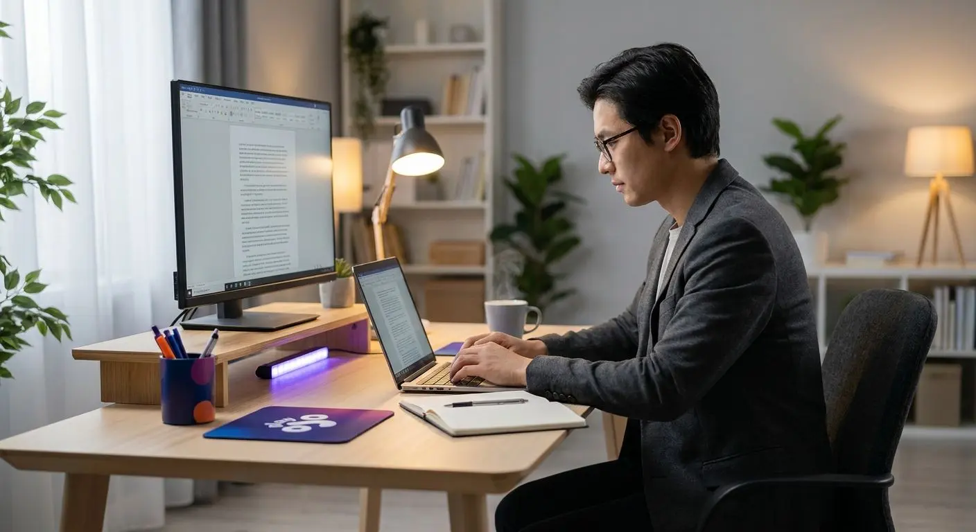 Illustrative author figure working on payment guide content at a laptop