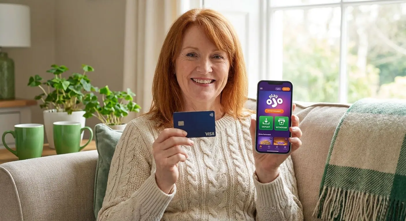 Irish player with Visa card and smartphone showing deposit and withdraw screen