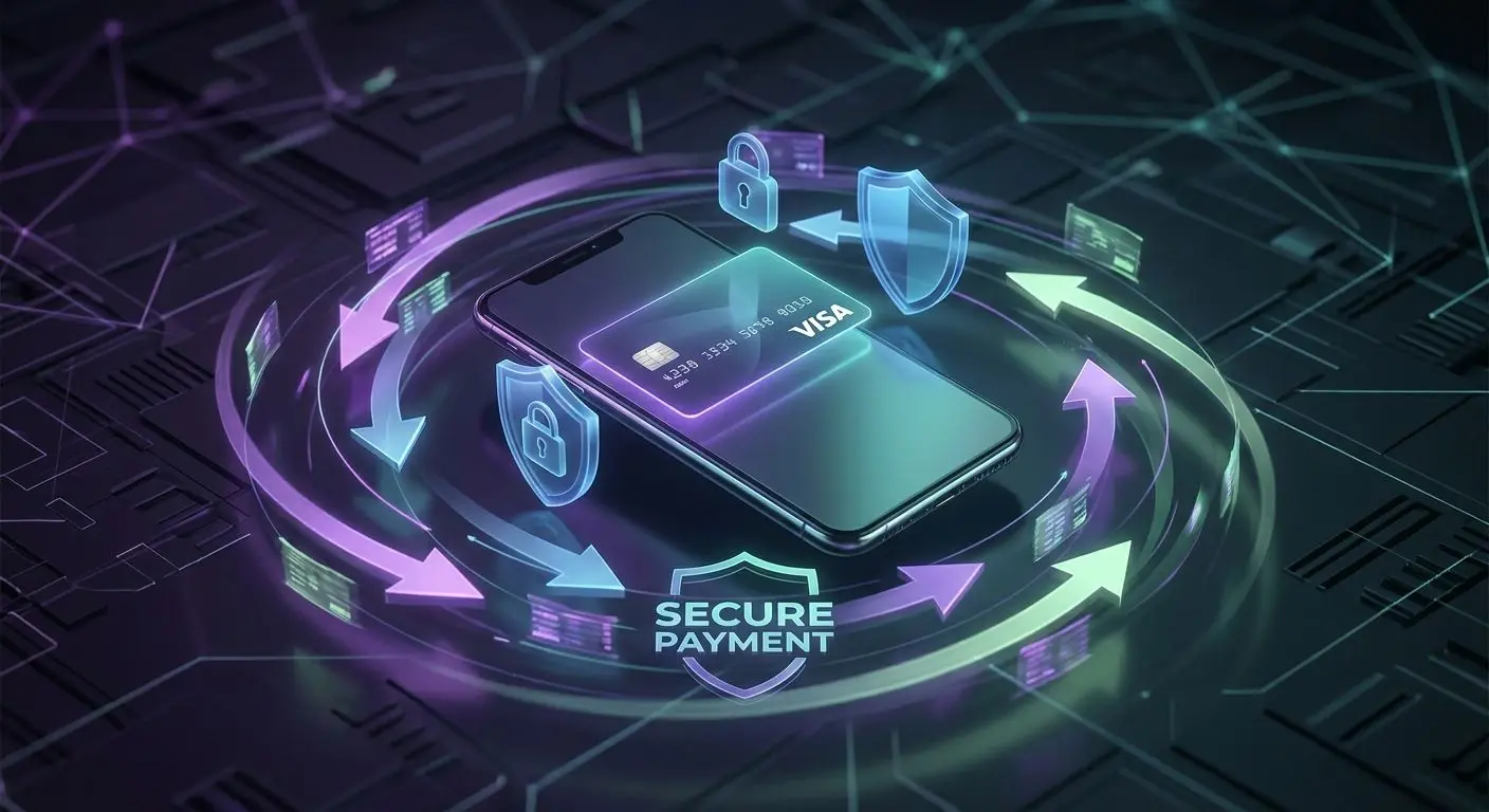 Secure and fast Visa payment visual with shield, smartphone and card