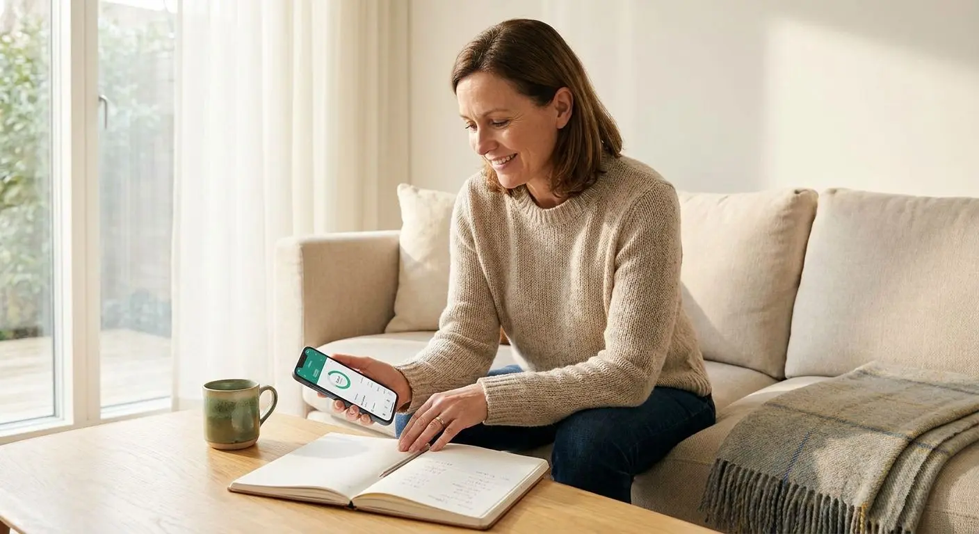 Person managing money calmly with phone and budget notes